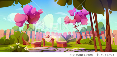 House backyard garden with fence in summer cartoon 105054893