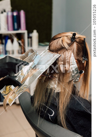 A professional hairdresser applies dye to a client's hair. Hair coloring A professional hairdresser applies dye to a client's hair. Hair coloring 105055216