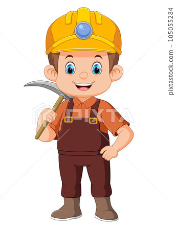 Young miners posing with a pickaxe on his shoulder and smiling happily of illustration 105055284