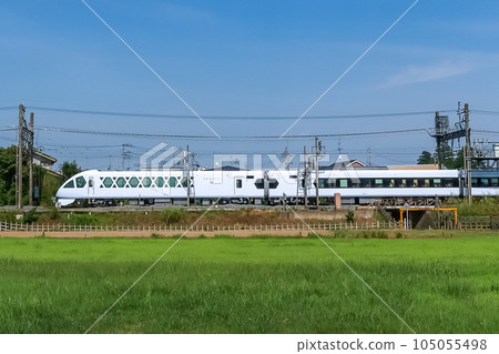 SPACIA X Limited Express by Tobu Railway running in Kasukabe, Saitama, Japan. July 18, 2023 105055498