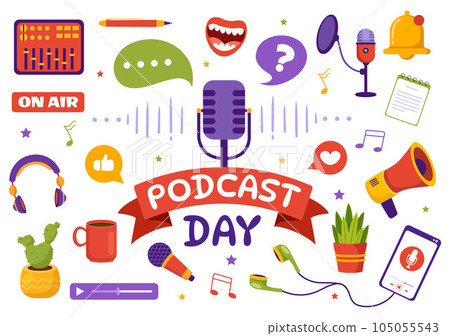 International Podcast Day Vector Illustration on September 30 with Broadcasting Studio Tools to Event Livestream in Cartoon Hand Drawn Templates 105055543