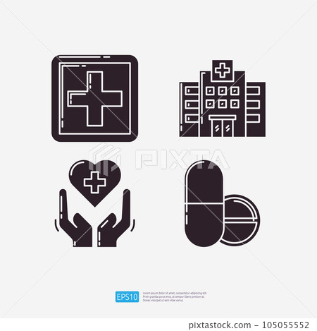 first aid kit, hospital building, heart health care, medical tablet and pill. Medical and health glyph set icon. Vector Illustration 105055552