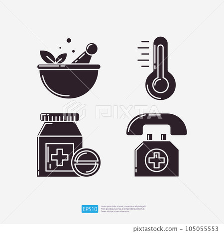 Naturopathic medicine, heat thermometer, medical pill bottle, emergency medical call support. Medical and health glyph set icon. Vector Illustration 105055553