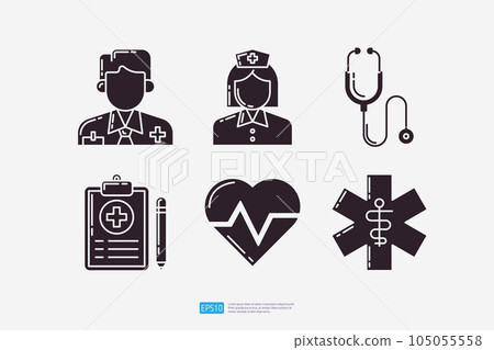 doctor or physician, nurse, stethoscope, medical record document, heart beat, emergency star. Medical and health glyph set icon. Vector Illustration doctor or physician, nurse, stethoscope, medical record document, heart beat, emergency star. Medical and health glyph set icon. Vector Illustration 105055558