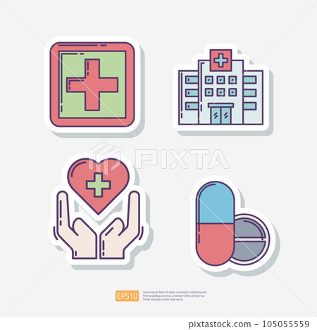first aid kit, hospital building, heart health care, medical tablet and pill. Medical and health sticker set icon. Vector Illustration 105055559