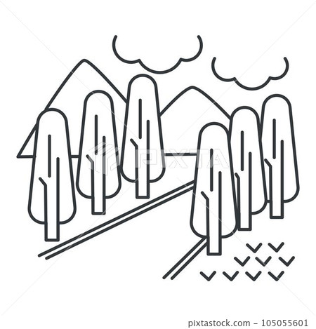 Countryside landscape, road and trees, mountains or hills outline sketch Countryside landscape, road and trees, mountains or hills outline sketch 105055601