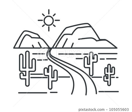 Texas landscape outline sketch, desert road or highway and hills Texas landscape outline sketch, desert road or highway and hills 105055603