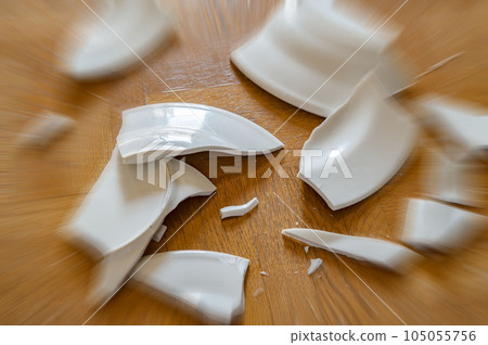 A plate dropped on the floor and shattered into pieces A plate dropped on the floor and shattered into pieces 105055756