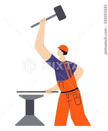 Blacksmith craft, building or construction works, man and anvil with mace 105055841