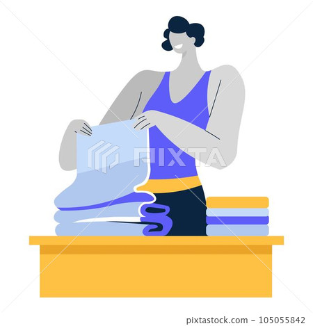Laundry, clean clothes and linen in piles, woman folding towel in stack Laundry, clean clothes and linen in piles, woman folding towel in stack 105055842