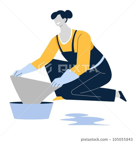 Mopping or wiping floor, housewife or cleaning service, cloth and basin Mopping or wiping floor, housewife or cleaning service, cloth and basin 105055843