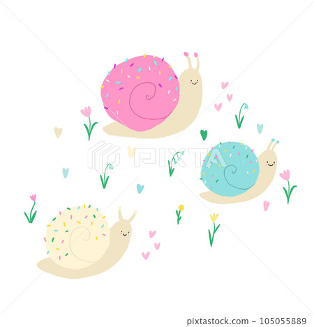 Beautiful kids clip art with cute hand drawn colorful snails. Stock illustration. 105055889