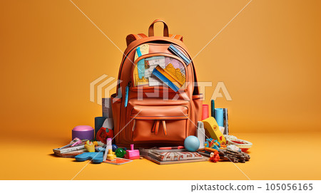 School backpack with colorful learning supplies. Back to school concept. Generated AI. School backpack with colorful learning supplies. Back to school concept. Generated AI. 105056165