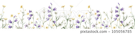 Close-up of blue spreading bellflower flowers frame. Campanula patula, bell, bluebell, rapunzel. Rabelera holostea, stellaria.Watercolor hand painting illustration. White and blue, violet flower Close-up of blue spreading bellflower flowers frame. Campanula patula, bell, bluebell, rapunzel. Rabelera holostea, stellaria.Watercolor hand painting illustration. White and blue, violet flower 105056785