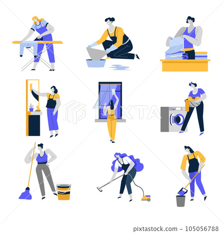 Cleaning service and household isolated icons, women or housewives Cleaning service and household isolated icons, women or housewives 105056788