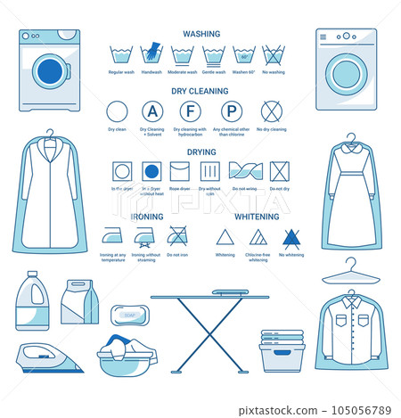 Dry cleaning and washing, ironing and drying or whitening, laundry icons 105056789