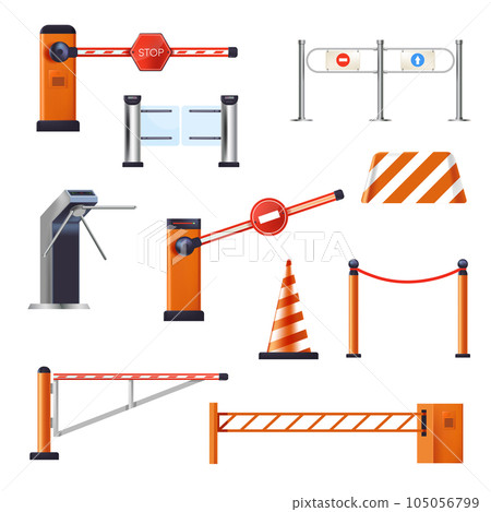 Barriers and stop cranes, entrance or turnstile, road cone isolated objects 105056799