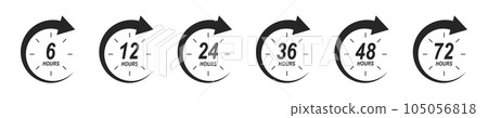 6, 12, 24, 36, 48, 72 hours icons with circle arrows. Set of shipping delivery symbols. Special offer signs. Discount pictograms. Customer service labels 6, 12, 24, 36, 48, 72 hours icons with circle arrows. Set of shipping delivery symbols. Special offer signs. Discount pictograms. Customer service labels 105056818