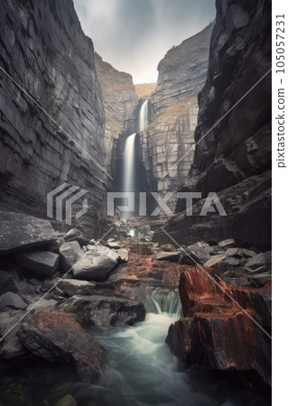 dramatic waterfall in a remote wilderness area, created with generative ai 105057231