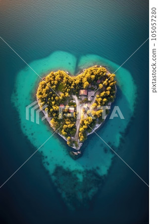 heart-shaped island aerial view surrounded by turquoise sea, created with generative ai 105057280