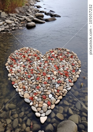 heart-shaped pebbles arranged on a riverbed, created with generative ai 105057282