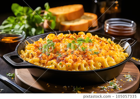 Baked macaroni and cheese in a cast iron skillet with a fried crust. Generative AI. 105057335