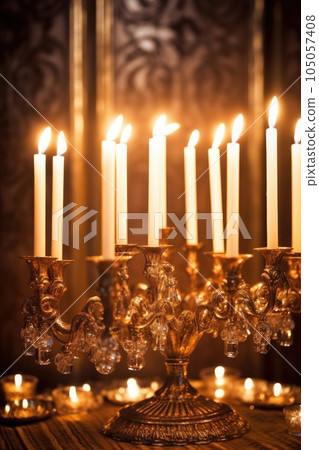 menorah with lit candles during hanukkah celebration, created with generative ai 105057408