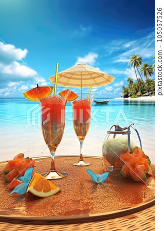 sandy beach with tropical cocktails and sunglasses, created with generative ai 105057526