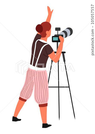 Photographer photo camera and tripod isolated female character Photographer photo camera and tripod isolated female character 105057557