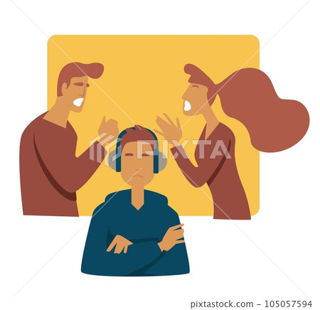 Teen problem parents arguing stress mother father and son in headphones Teen problem parents arguing stress mother father and son in headphones 105057594