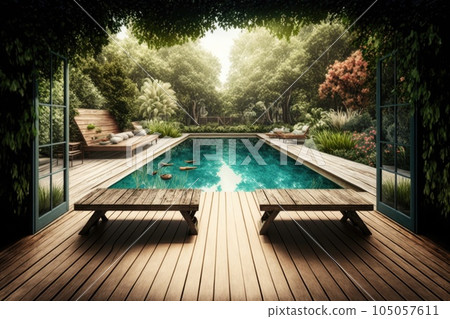 swimming pool surrounded by wooden deck and benches, with garden view, created with generative ai 105057611
