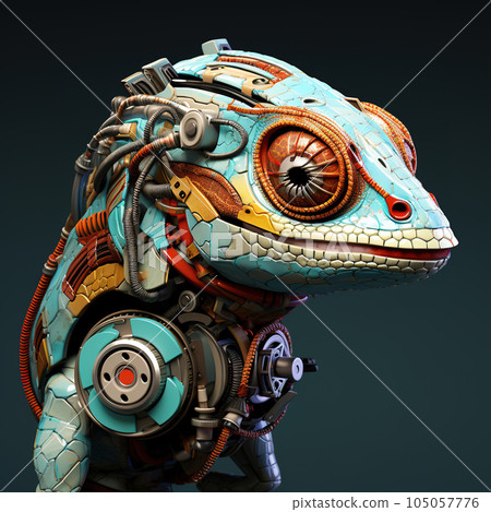 A chameleon head that is a futuristic machine of the future world. Reptile. Animals. Illustration, Generative AI. A chameleon head that is a futuristic machine of the future world. Reptile. Animals. Illustration, Generative AI. 105057776