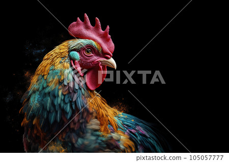 Image of colorful chicken head. Farm animals. Illustration, Generative AI. 105057777