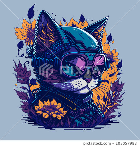 Futuristic Cat Head Illustration with Flower and Sunglasses on Clean Background. Vector Vintage Painting Style Design with Floral Elements for T-Shirt, Poster, Banner, Invitation or Cover. Futuristic Cat Head Illustration with Flower and Sunglasses on Clean Background. Vector Vintage Painting Style Design with Floral Elements for T-Shirt, Poster, Banner, Invitation or Cover. 105057988
