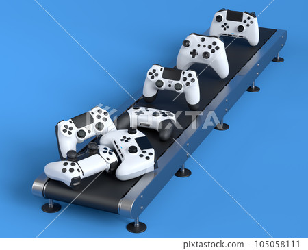 Set of gamer joysticks or gamepads on factory line on blue background Set of gamer joysticks or gamepads on factory line on blue background 105058111