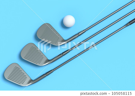 Sport equipment golf club and ball isolated on blue background. Sport equipment golf club and ball isolated on blue background. 105058115
