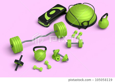 Isometric view of sport equipment like kettlebell, dumbbell and yoga mat Isometric view of sport equipment like kettlebell, dumbbell and yoga mat 105058119