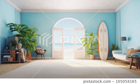 Ocean view room with a surfboard AI-generated image 105058165