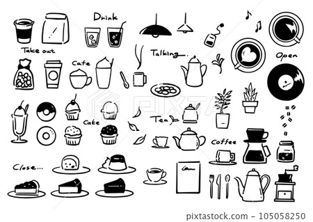 Simple retro cafe set monochrome line drawing 105058250