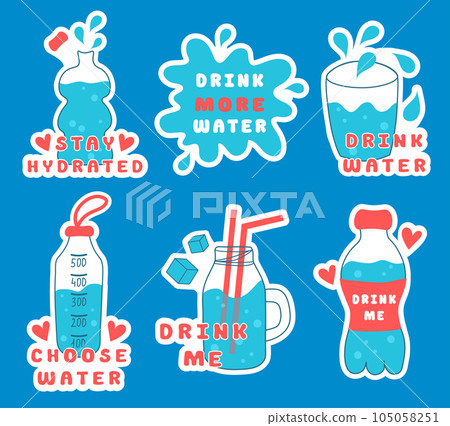 Drink more water sticker set. Sport bottles, glasses collection. Vector flat illustration. 105058251