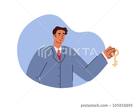 Vector isolated man realtor holds out the keys, successful deal in service for the sale, rent, loan, mortgage of housing Vector isolated man realtor holds out the keys, successful deal in service for the sale, rent, loan, mortgage of housing 105058895