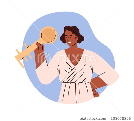 Woman realtor holding a huge key in her hand, vector isolated illustration housing deal, real estate agency Woman realtor holding a huge key in her hand, vector isolated illustration housing deal, real estate agency 105058896
