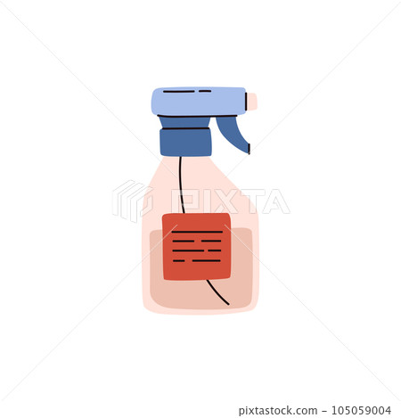 Vector illustration of spray bottle with pink liquid, hand garden sprayer with label isolated on white background 105059004