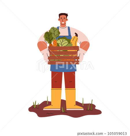 Gardener or farmer character with vegetables flat vector illustration isolated. Gardener or farmer character with vegetables flat vector illustration isolated. 105059013