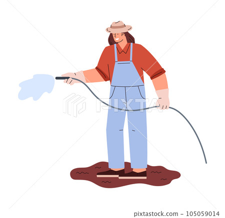 Farmer or greenhouse worker watering plants with hose, flat vector isolated. 105059014