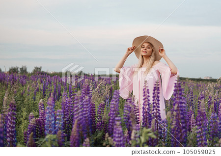 A beautiful woman in a straw hat walks in a field with purple flowers. A walk in nature in the lupin field A beautiful woman in a straw hat walks in a field with purple flowers. A walk in nature in the lupin field 105059025