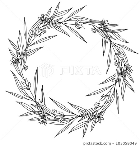 Vector hand drawn botanical circle frame with flowers. Elegant minimal style floral isolated illustration. Round line border, wedding invitation and cards, logo design and posters template, tattoo Vector hand drawn botanical circle frame with flowers. Elegant minimal style floral isolated illustration. Round line border, wedding invitation and cards, logo design and posters template, tattoo 105059049