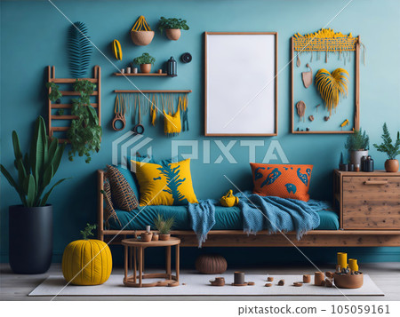 Blank Mock-up poster frame with green houseplant in a pot in a home interior with sofa. Nature concept Mock Up design template with picture frame for presentation or preview images. Ai Generated. 105059161