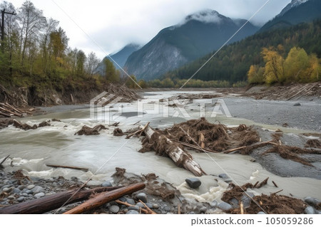 flooded mountain river caused by mudslide debris, created with generative ai 105059286