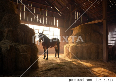 hay bale beside horse in a rustic barn setting, created with generative ai hay bale beside horse in a rustic barn setting, created with generative ai 105059345